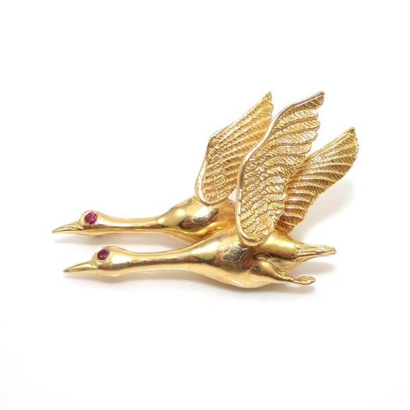 14K Yellow Gold Natural Ruby Goose Geese Pin Brooch
